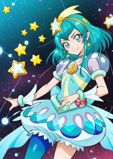 a girl in a dress with stars and a bird