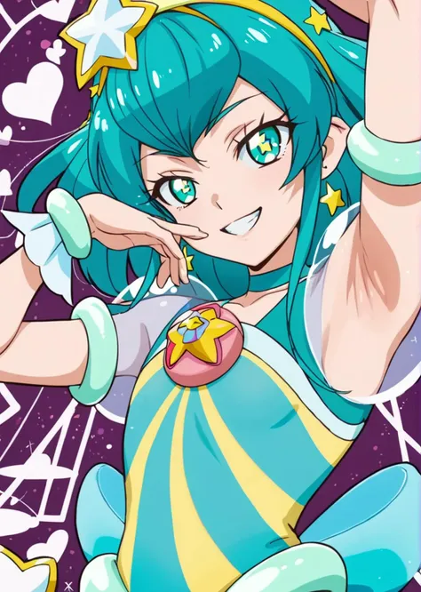 a close up of a person with a blue hair and a star on her head