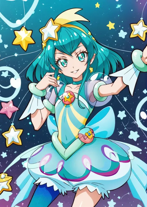 a cartoon image of a girl in a dress with stars