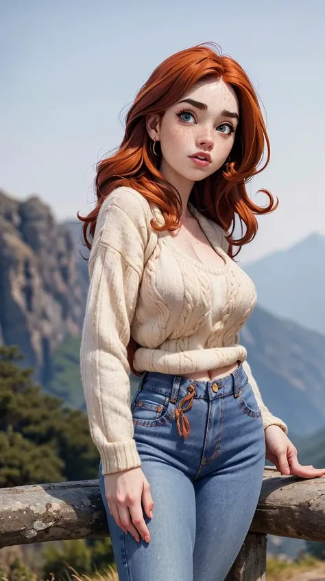 <lora:hld:1>, hld_body, hld_woman, wool sweater, jeans, red head, freckles, photo, realistic, hypernaturally, expressive eyes, big bust. deep cleavage, long legs art sketch, dimension, mountains background, bohemian, aesthetic, lineout, high quality, work ...