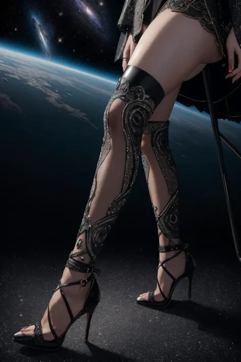 (best quality, hyperrealism, dynamic Dutch angle from ground level), 8k portrait of beautiful grd_woman, intricate black diamond filigree, ankle wrap high heels, muscular calves, perfect curves, candid, futuristic space studio, fantasy cosmic space, (sharp...