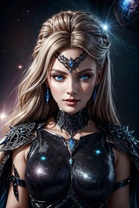 professional fashion photography, 8k portrait of a flirty goddess cyborg with blonde hair, blue eyes, grd_face, (detailed face and eyes):1.2, remarkable eye color, intricate, black zirconium phoenix filigree, dress, earrings, pinup pose, cinematic scene, f...