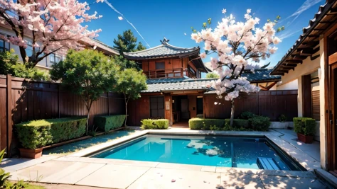 a close up of a pool in a backyard with a tree in the foreground