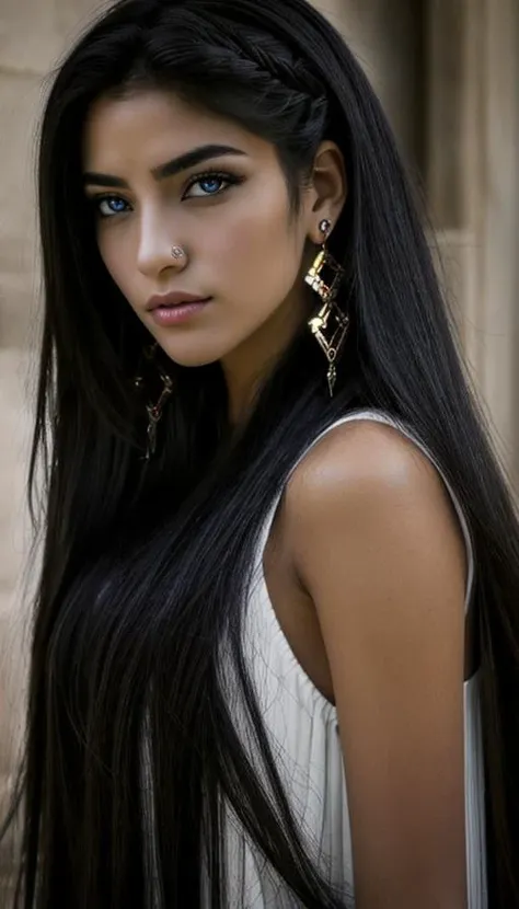 a close up of a woman with long black hair wearing earrings