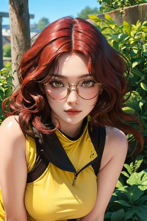 a close up of a woman with glasses and a yellow top