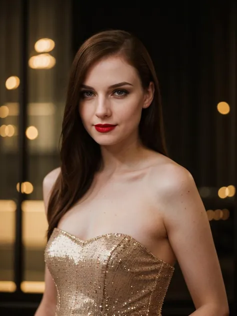 cinematic film still Full body photo of (edgLit_woman, edgLit_face, edgLit_body, pale skin), sensual smile, red lips, straight hair, wearing  one shoulder sequin mini dress, (looking at viewer:1.1), <lora:backlight_slider_v10:1.2>, <lora:epiCRealismHelper:...