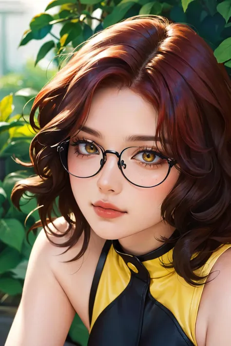 a close up of a woman with glasses and a yellow top