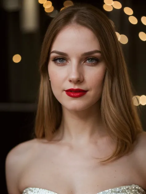 cinematic film still Full body photo of (edgLit_woman, edgLit_face, edgLit_body, pale skin), sensual smile, red lips, straight hair, wearing  one shoulder sequin mini dress, (looking at viewer:1.1), <lora:backlight_slider_v10:1.2>, <lora:epiCRealismHelper:...