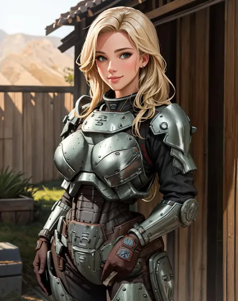 a woman in armor poses for a picture in front of a building