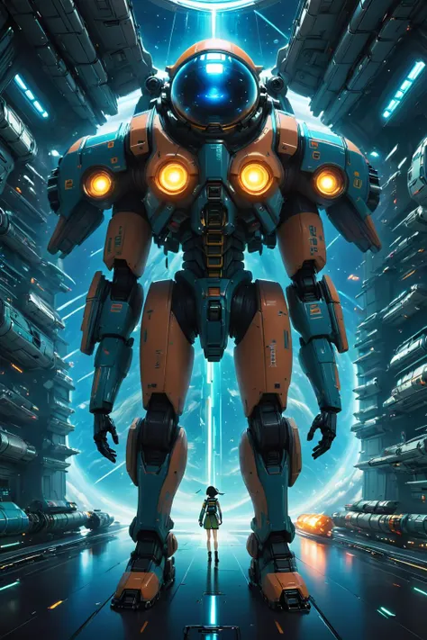 a man standing in front of a giant robot in a futuristic city