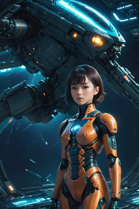 a woman in a futuristic suit standing in front of a spaceship