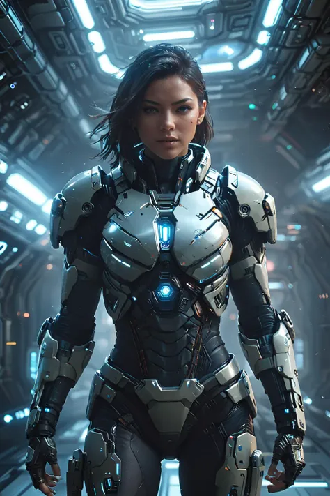 a woman in a futuristic suit standing in a sci - fiction space station