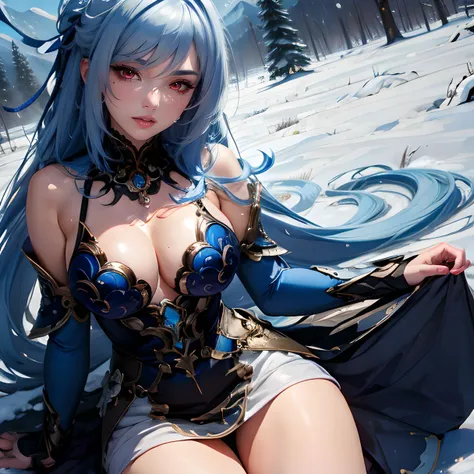 (masterpiece,highres,best quality),1girl,(JingliuHSR, red eyes, blue hair, long hair ,dress,large breasts), BREAK winter landscape <lora:JingliuHSR-10:0.6>