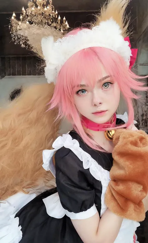 a close up of a woman with pink hair and a stuffed animal