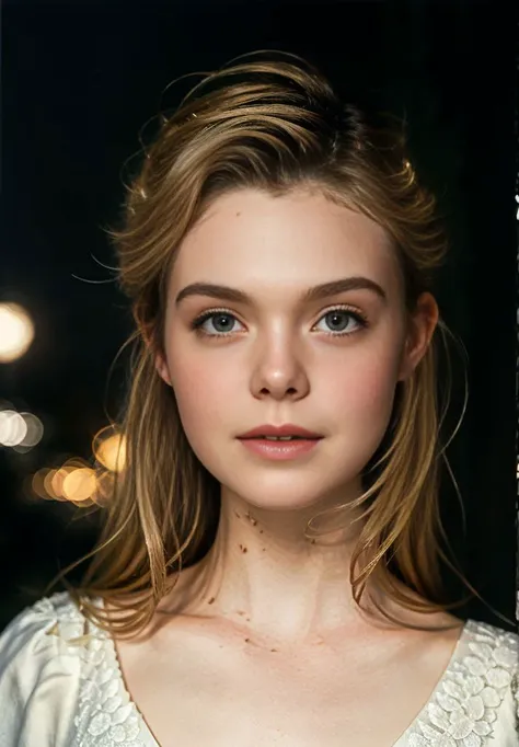 a close up of a woman with a white dress and a black background