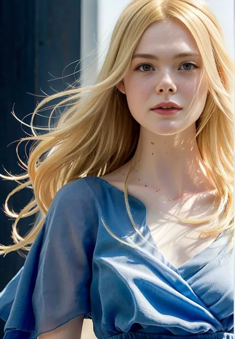 a close up of a woman with long blonde hair wearing a blue dress