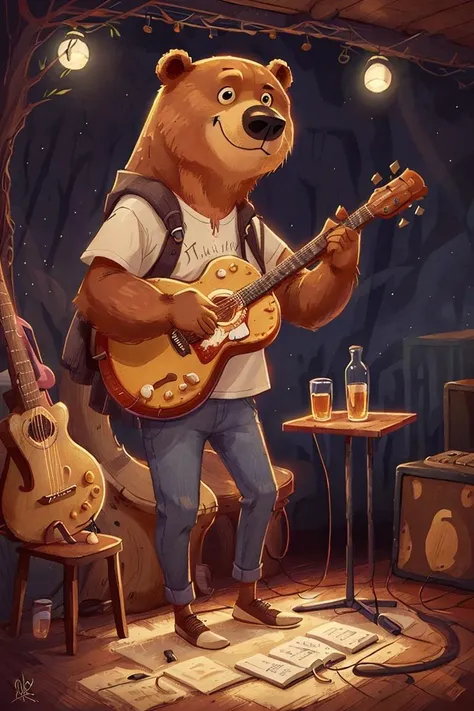 a Bear playing guitar in a club, whimsical ,<lora:MODILL_PASTEL_RC_V0.01:0.45>