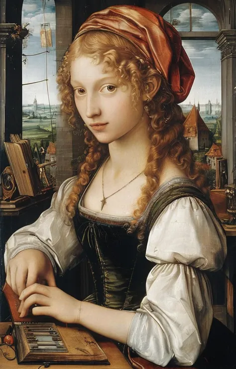 masterpiece,best quality,<lora:tbh183-sdxl:0.8>,illustration,style of Albrecht Durer, tech genius teenage girl