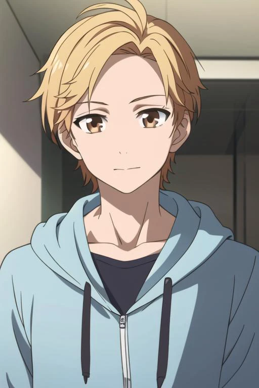 masterpiece, best quality, high quality, 1boy, solo, male focus, looking at viewer, upper body, <lora:haruki_serizawa:0.68>, haruki_serizawa, brown eyes, blonde hair, , hoodie