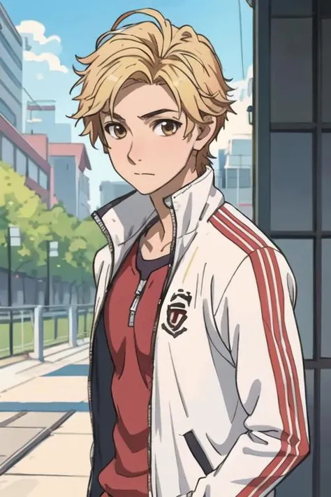 masterpiece, best quality, high quality, 1boy, solo, male focus, looking at viewer, upper body, <lora:haruki_serizawa:0.66>, haruki_serizawa, brown eyes, blonde hair, realistic, track suit