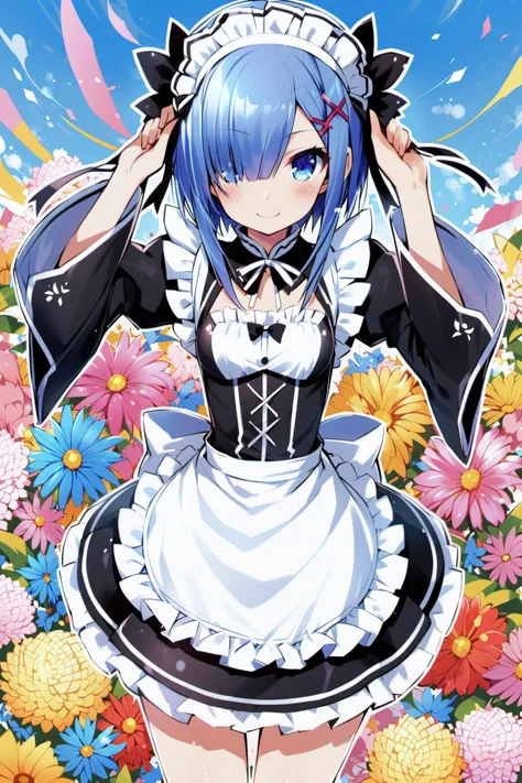 rem (re:zero), 1girl, solo, roswaal mansion maid uniform, twins, siblings, short hair, blue hair, blue eyes, maid, ribbon, hair ornament, hair over one eye, smile, looking at viewer, x hair ornament, hair ribbon, black ribbon,maid headdress, white apron, b...