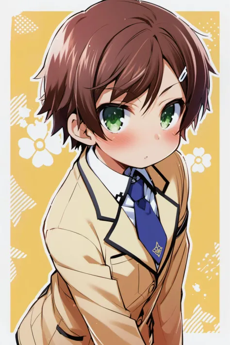 Kinoshita Hideyoshi, 1boy, male focus, solo, green eyes, school uniform, brown hair, hair ornament, hairclip, necktie, blush, akanbe, <lora:Haga Yui_XL:0.8>