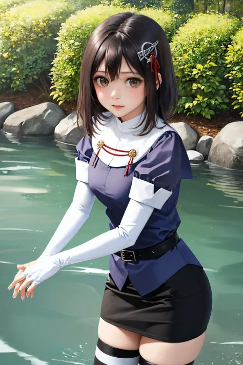 (masterpiece, best quality:1.2), cowboy shot, solo, 1girl, haguro, expressionless, looking at viewer, wading, hair ornament, juliet sleeves, skirt, white pantyhose, elbow gloves <lora:kancolle_haguro:1.0>