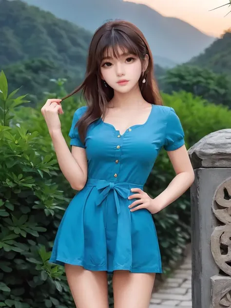 a woman in a blue dress posing for a picture