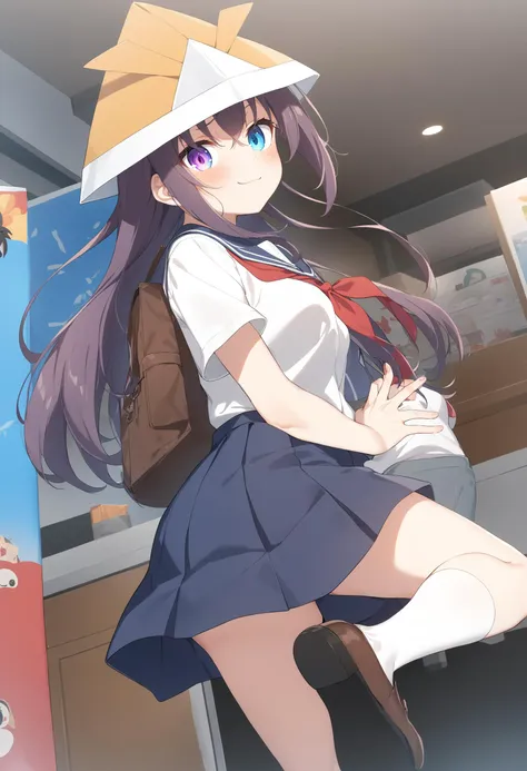 anime girl in a hat and a skirt with a backpack