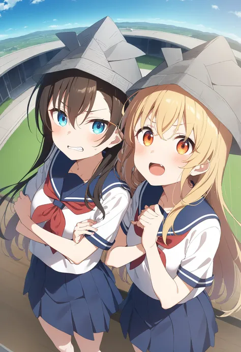 two anime girls in school uniforms standing next to each other