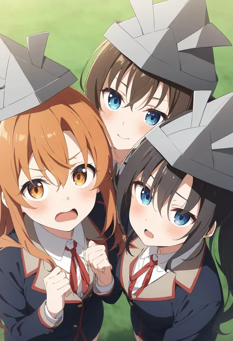 three anime girls in school uniforms posing for a picture