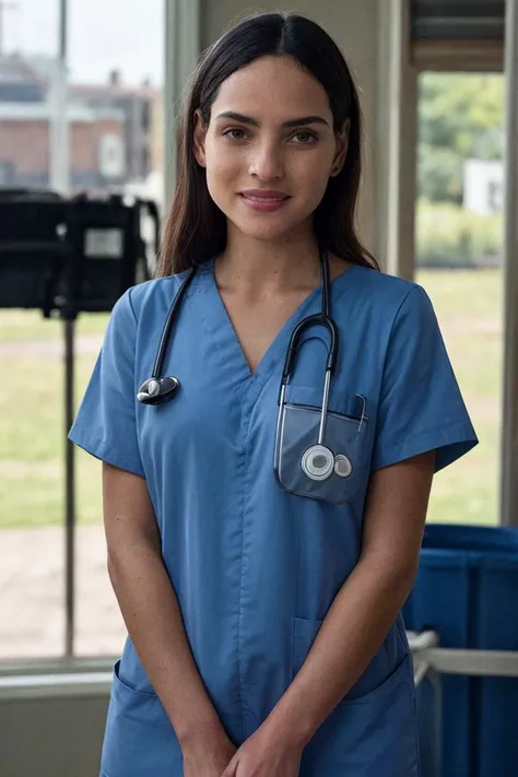 a woman in scrubs standing in a hospital room with a stethoscope