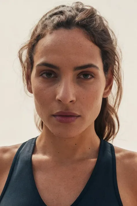 a woman in a black top and a white background