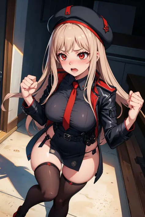 masterpiece, best quality, <lora:rapi-nikke-richy-v1:0.9>  rapi (nikke), rapidef, red eyes, hat, skirt, side slit, thighhighs, red face, flustered, blushing, panicking, open mouth, from above, wide eyes, hallway, fists