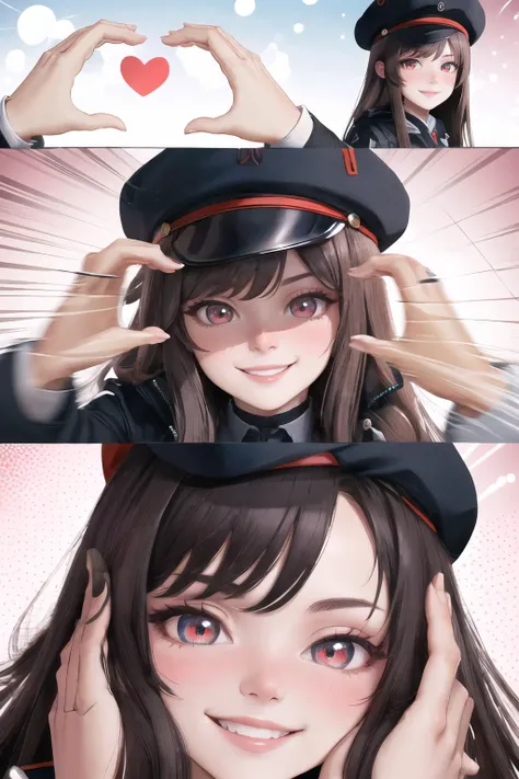 Highly detailed, High Quality, Masterpiece, beautiful, IncrsSnootChallenge, comic, pov hands, <lora:Pos_SnootChallenge:1>, rapi (nikke), rapidef, red eyes, hat, skirt, <lora:Char_NIKKE_Rapi:0.9>, smile, blush, grin,