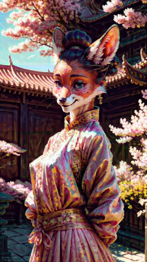 painting of a woman in a kimono dress with a cat face