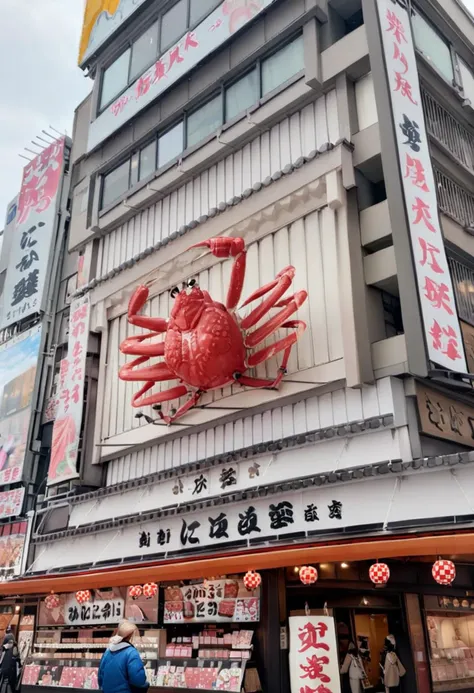 arafed red crab on a building in a city