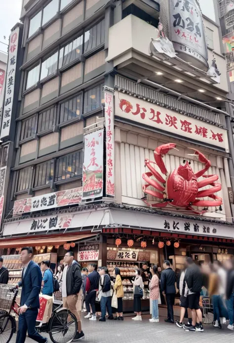 people walking in front of a building with a red crab on it