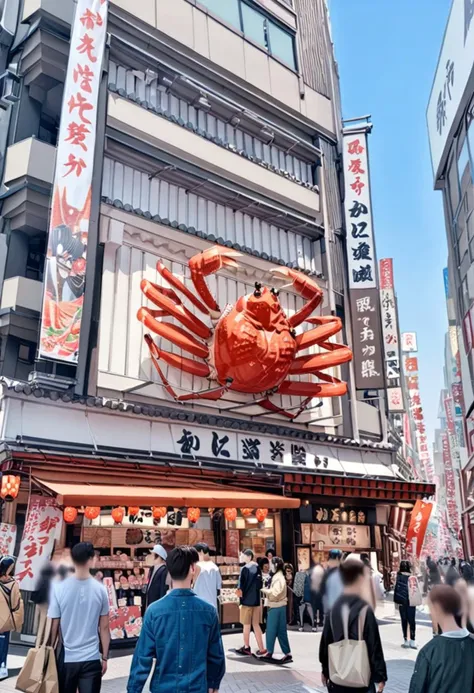 people walking down a busy street in front of a building with a giant crab on it