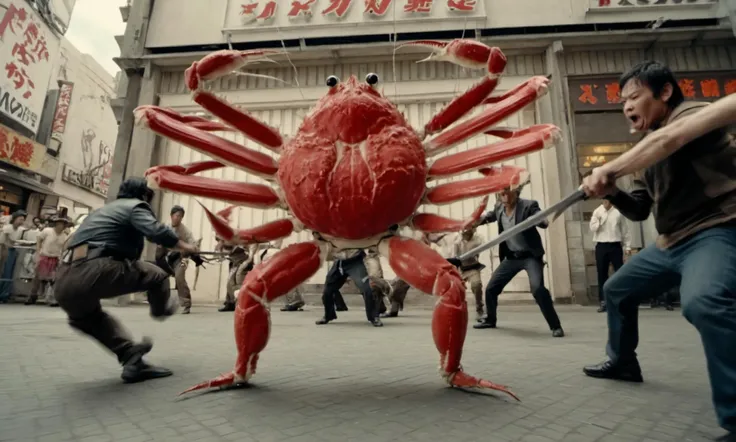 people are playing with a giant red crab in a city