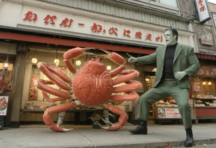 arafed man in a suit and mask standing next to a crab statue