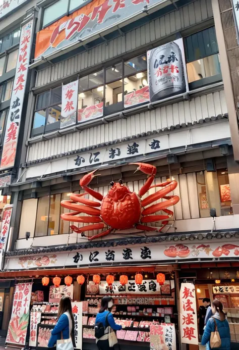 people walking past a store with a giant red crab on the front