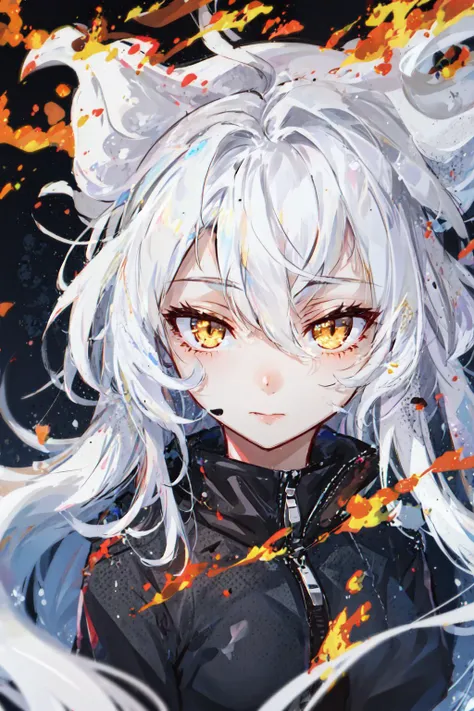 1girl, yellow eyes, white hair, messy hair, fire