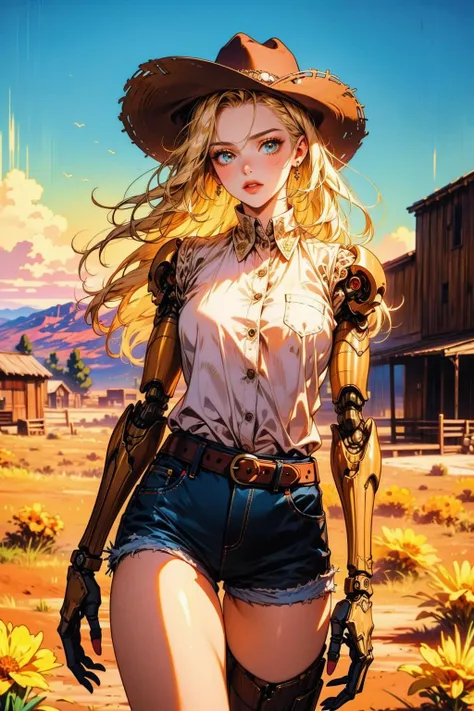 a woman in cowboy gear standing in the desert