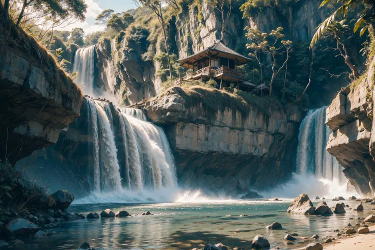 there is a waterfall that is flowing down a hill with a pagoda on top