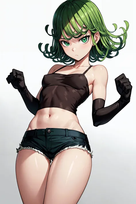 masterpiece, best quality, 1girl, tatsumaki, one-punch man/(series/), small breasts, lolibaba, tube top, mesh undershirt, short shorts,