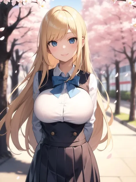 anime girl with long blonde hair and blue eyes standing in front of a tree