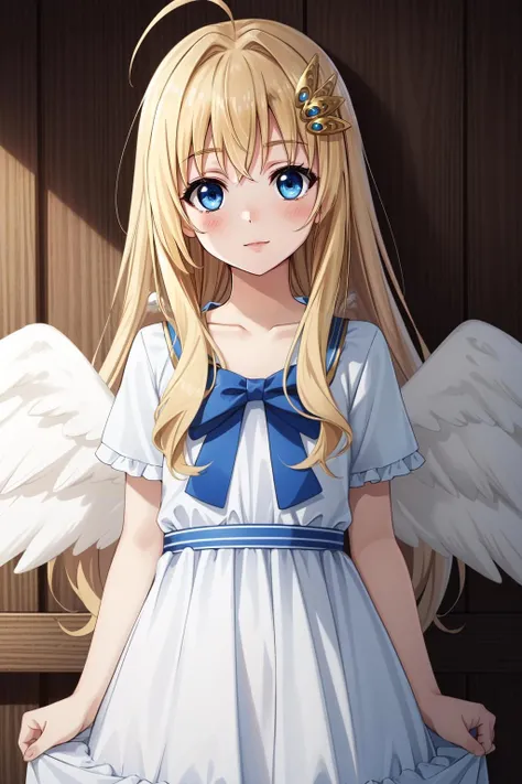 (masterpiece, best quality), intricate details,
1girl, <lora:Kizuki - The Rising of the Shield Hero - Filo:0.8> filo, blonde hair, ahoge, hair ornament, flat chest, bangs, long hair, angel wings, white dress, blue bow ,