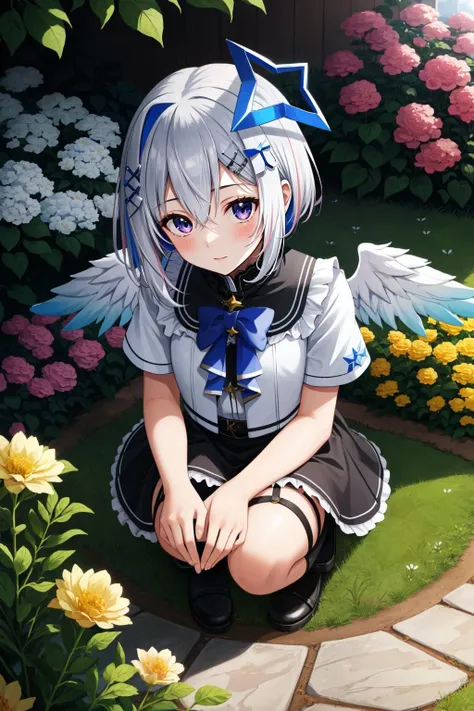 anime girl sitting on the ground in front of flowers