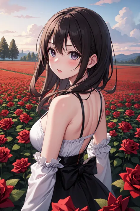 a woman in a white dress standing in a field of red roses